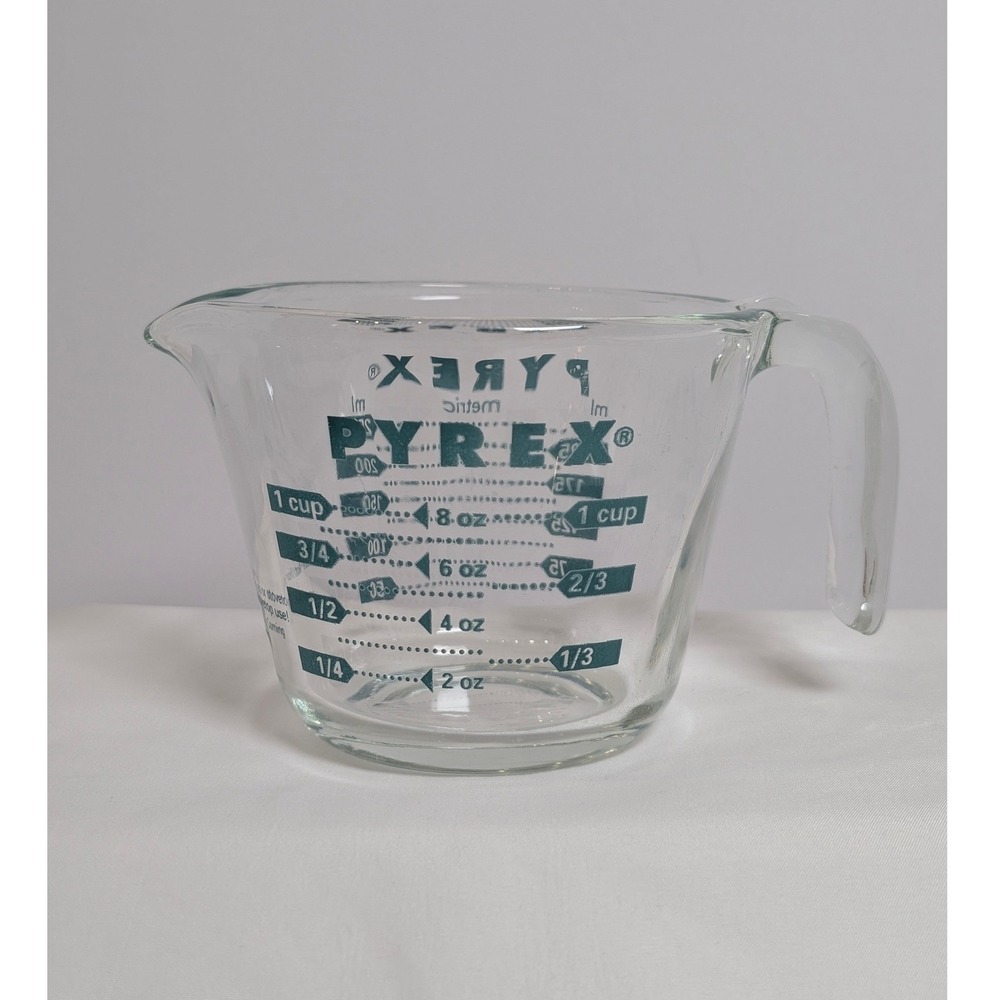 VTG Pyrex 1 Cup 8oz 250ml Glass Measuring Cup Green/Blue Lettering USA Corning